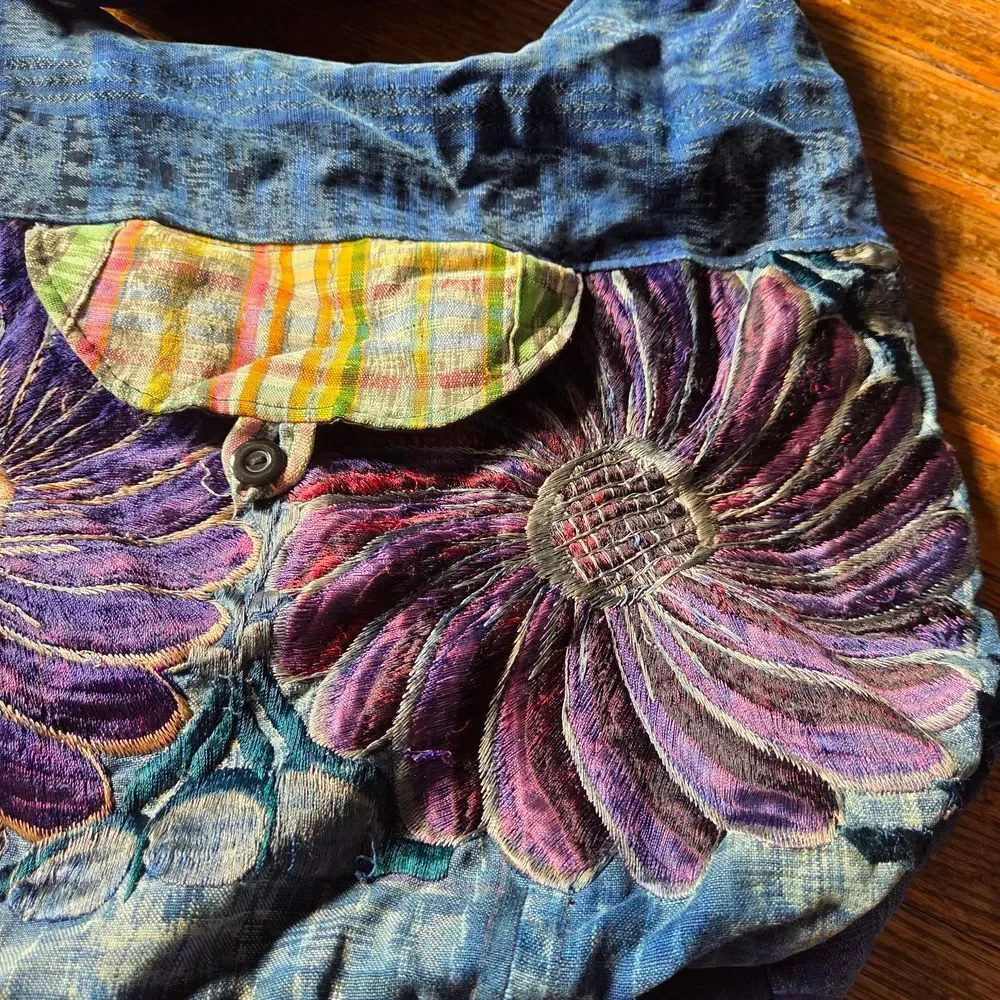 Handmade Patchwork Bag | Blue Purple Boho Shoulder Tote Artistic Everyday - Picture 3 of 6